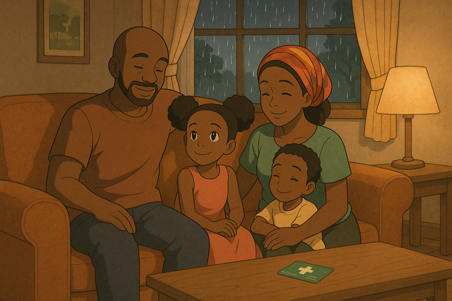 "Happy family enjoying time together on a cozy couch during a rainy evening, featuring a mother, father, and two children."