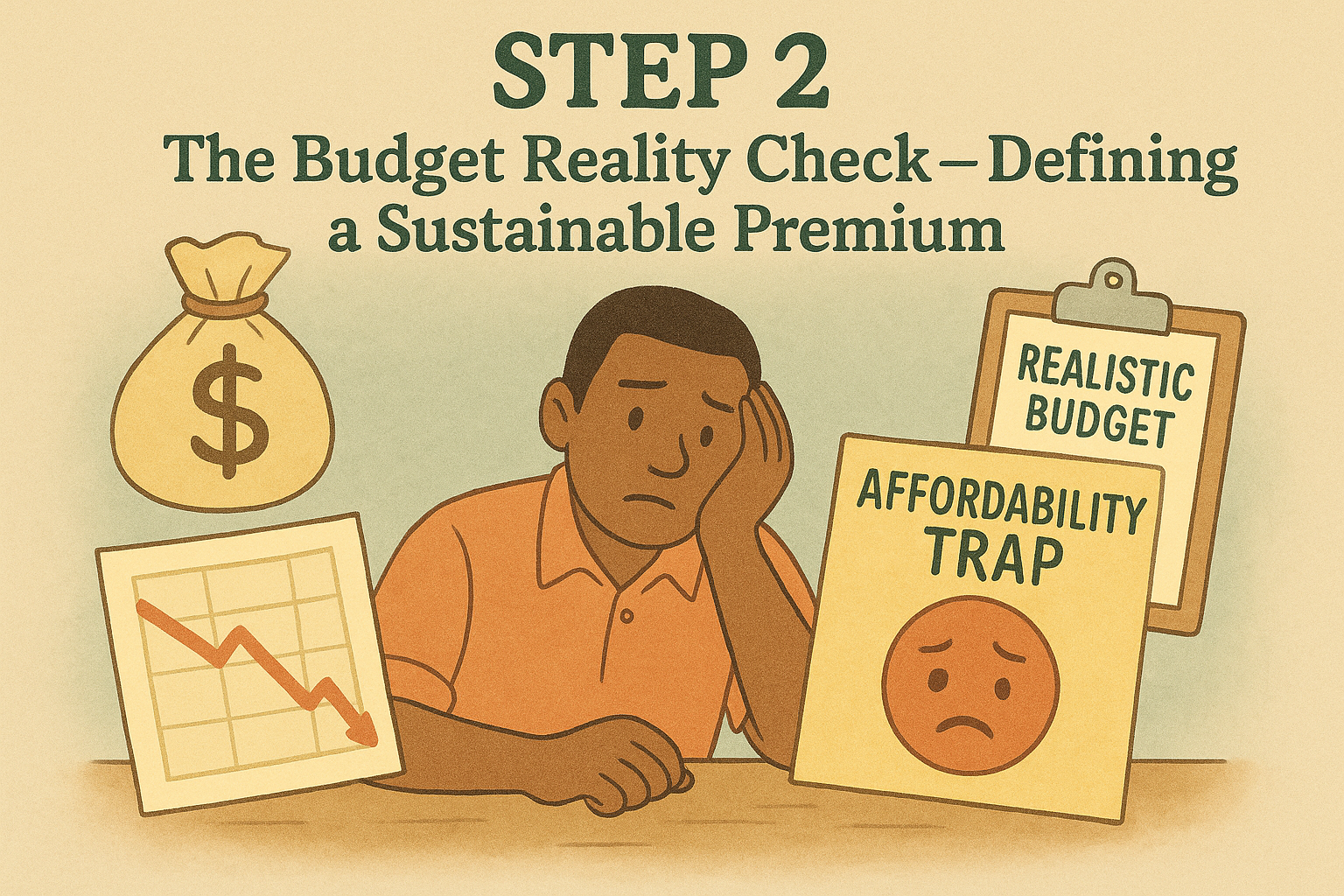 "Step 2: Budget reality check illustration highlighting the importance of defining a sustainable premium, featuring a worried individual, financial indicators, and budget planning tips."