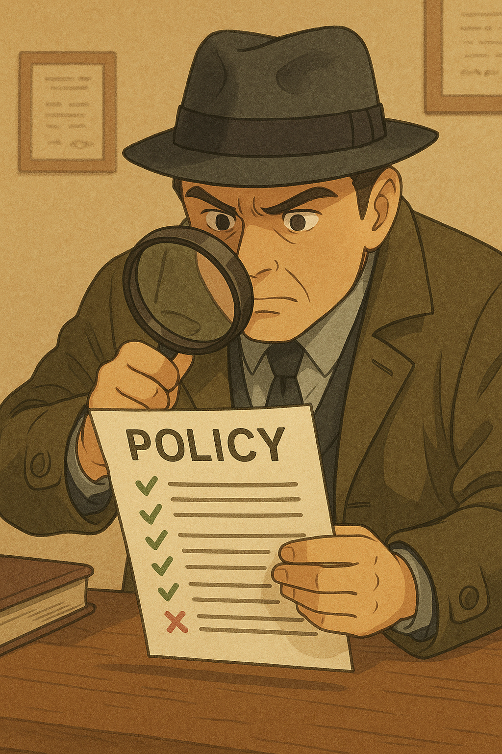 "Detective analyzing a policy document with a magnifying glass, highlighting checked and unchecked items."