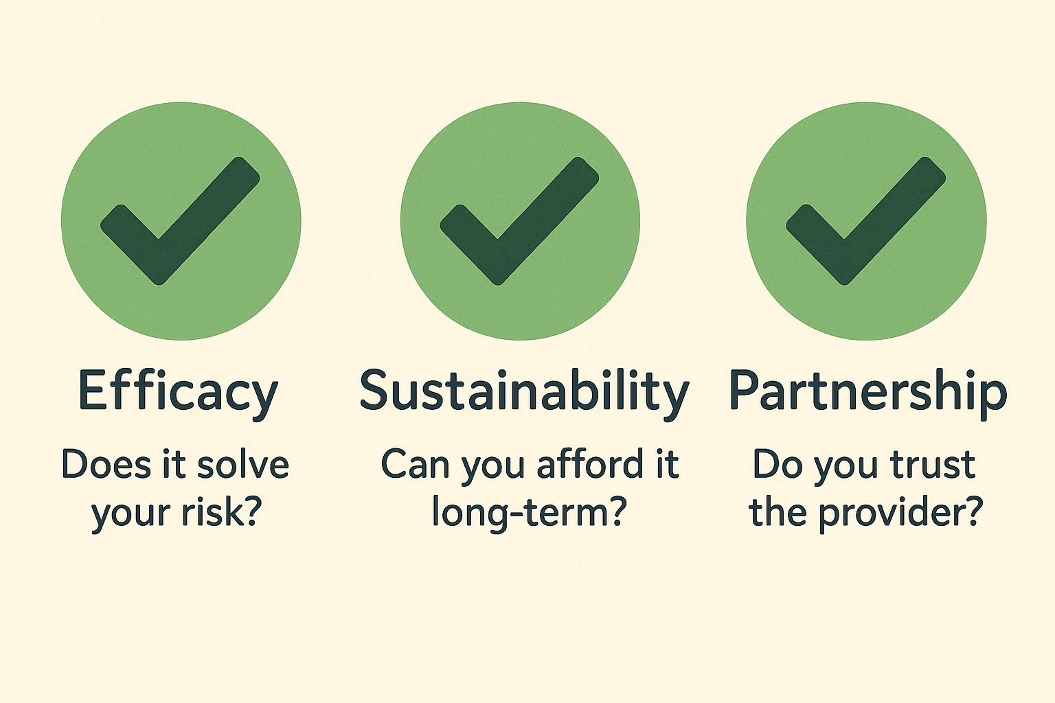 "Infographic showing three key considerations: Efficacy, Sustainability, and Partnership, with questions assessing risk, affordability, and trust."