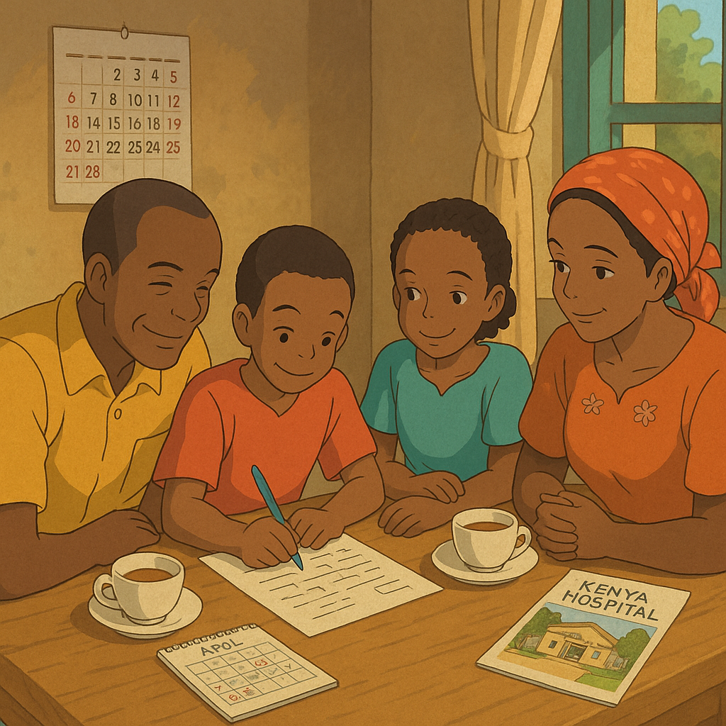 "Family gathered around a table, smiling and discussing as a child writes on a paper, with coffee cups and a calendar in the background."