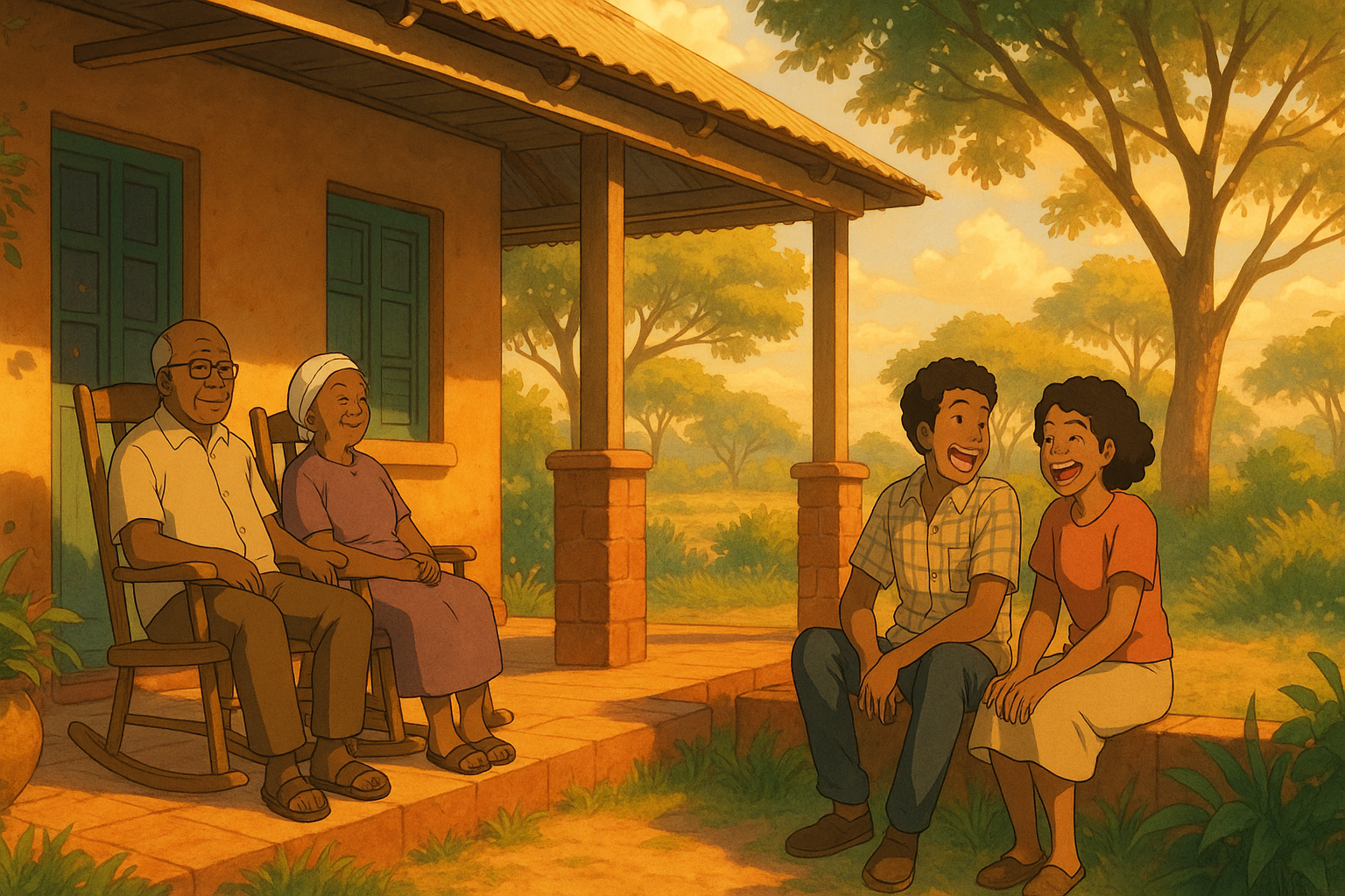 "Animated scene of a joyful family gathering on a porch, featuring two elderly individuals sitting in rocking chairs and a young couple laughing together in a sunny outdoor setting."