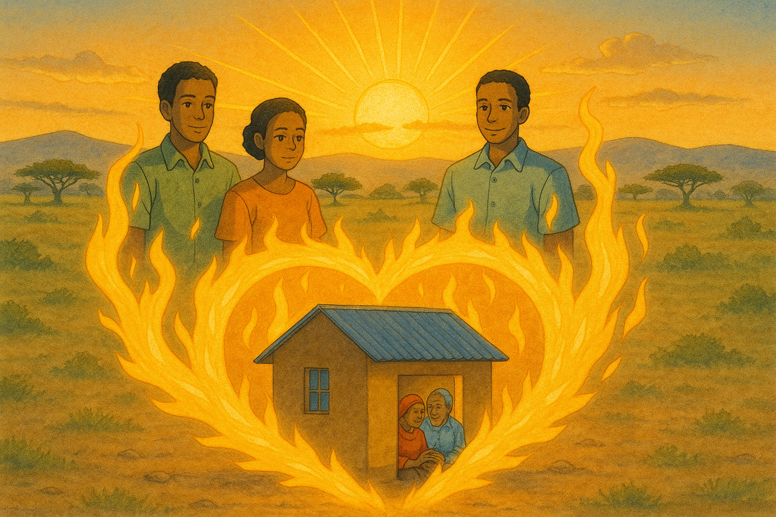 "Illustration of a warm sunset background with two young adults and a couple inside a house, framed by flames in the shape of a heart, symbolizing love and family."
