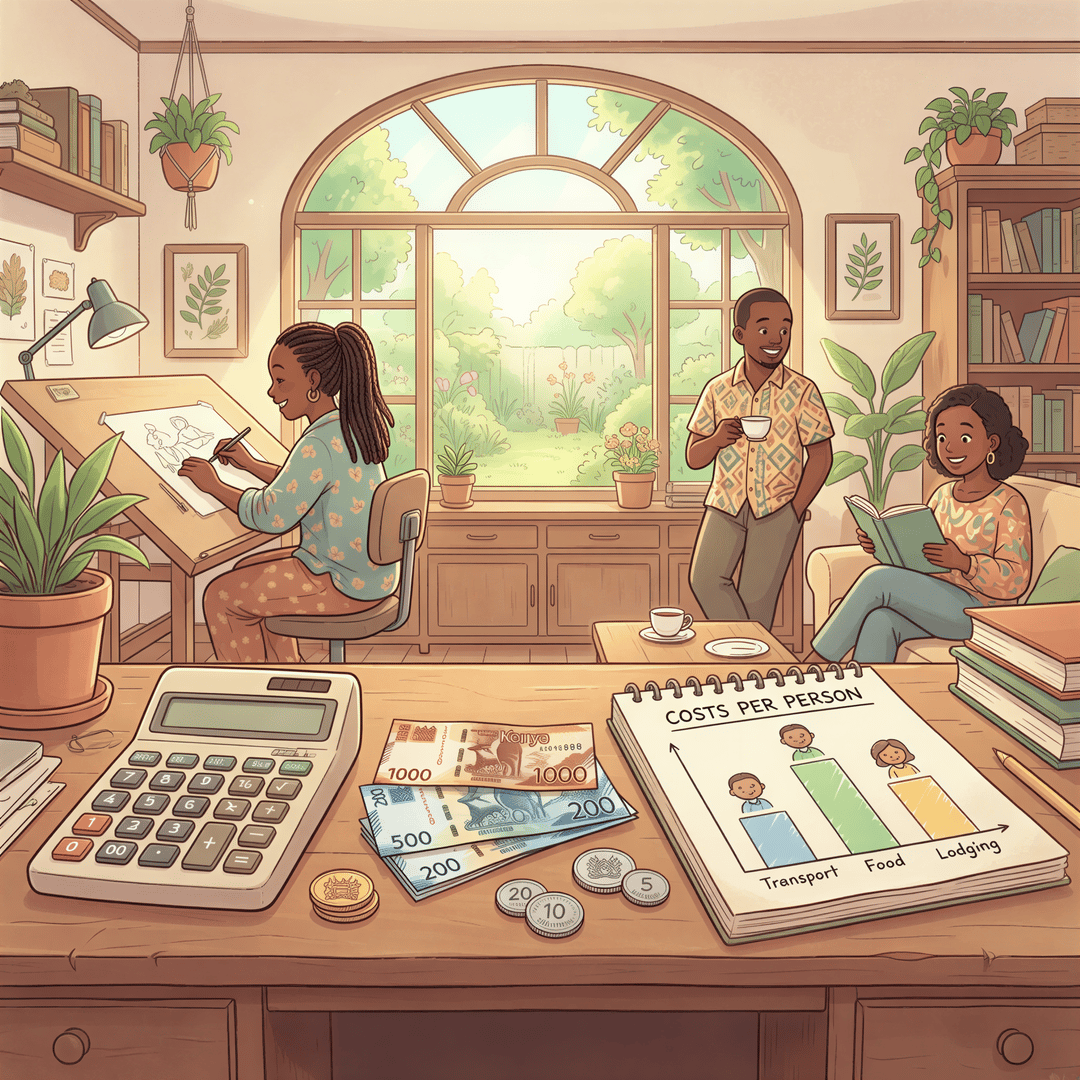 Costs visualization for group medical insurance: calculator, coins, and Kenyan currency