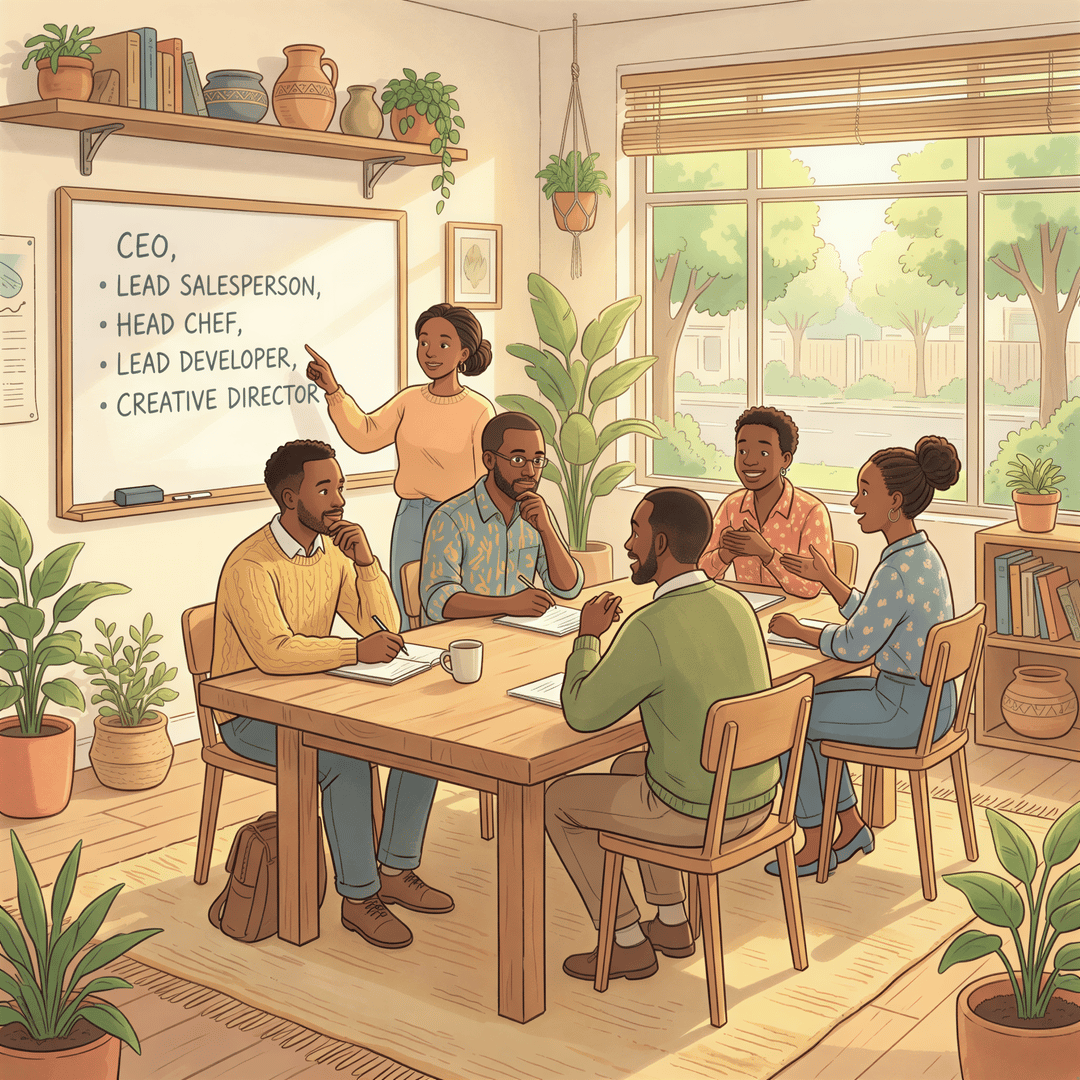 Team around a table in a Kenyan startup identifying key roles (CEO, head chef, lead developer, etc.).