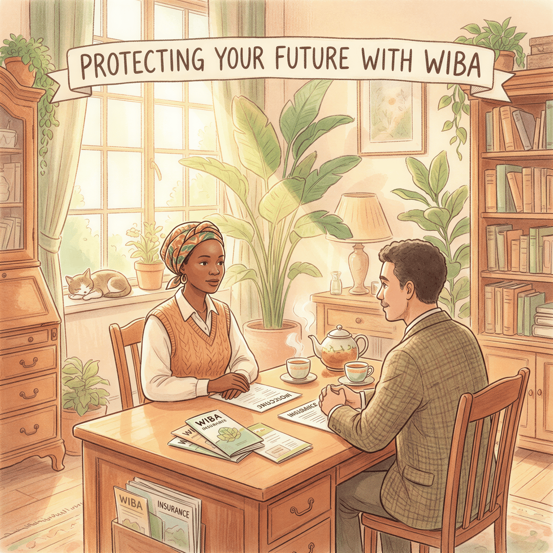 Kenyan business owner discussing WIBA cover with an advisor in a cozy office