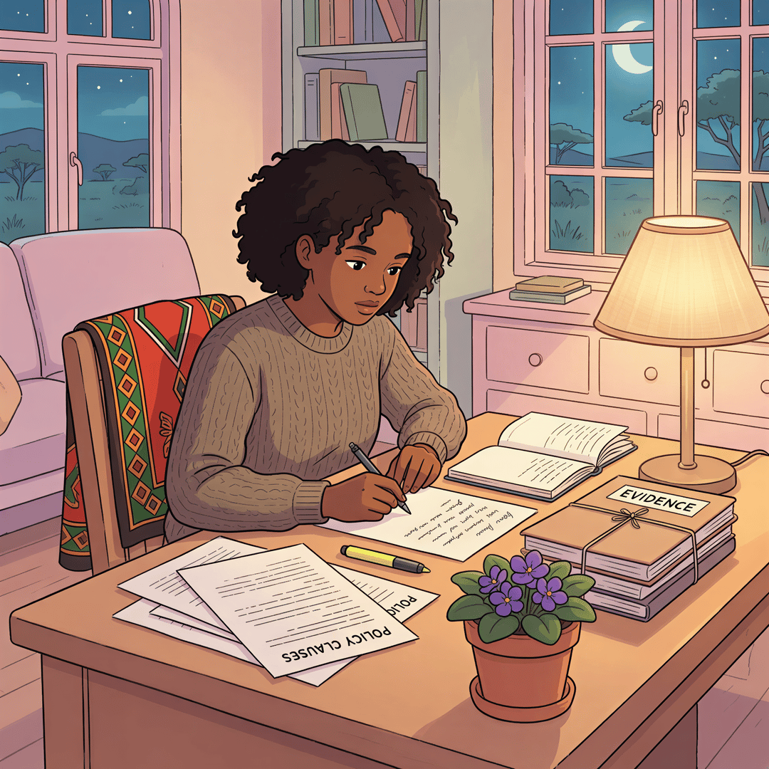 Person drafting a formal appeal letter with policy references on the desk