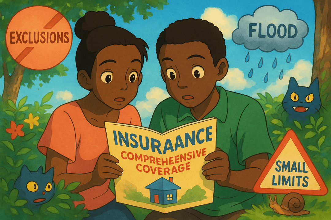 A diverse couple reading an insurance brochure titled "Comprehensive Coverage" surrounded by illustrations of cats, trees, and warning signs about exclusions, floods, and small limits.