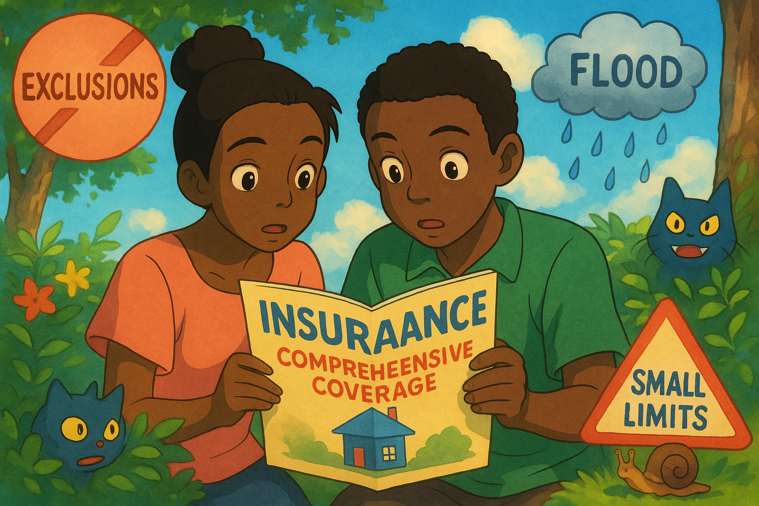 A diverse couple reading an insurance brochure titled "Comprehensive Coverage" surrounded by illustrations of cats, trees, and warning signs about exclusions, floods, and small limits.