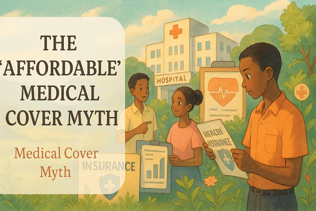 Illustration depicting a healthcare discussion among three individuals in front of a hospital, with text highlighting the "Affordable Medical Cover Myth."