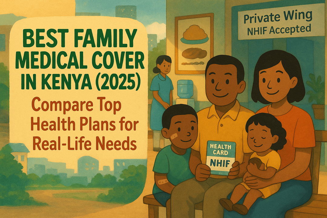 Best family medical cover in Kenya (2025) advertisement featuring a happy family comparing health plans, highlighting NHIF acceptance.