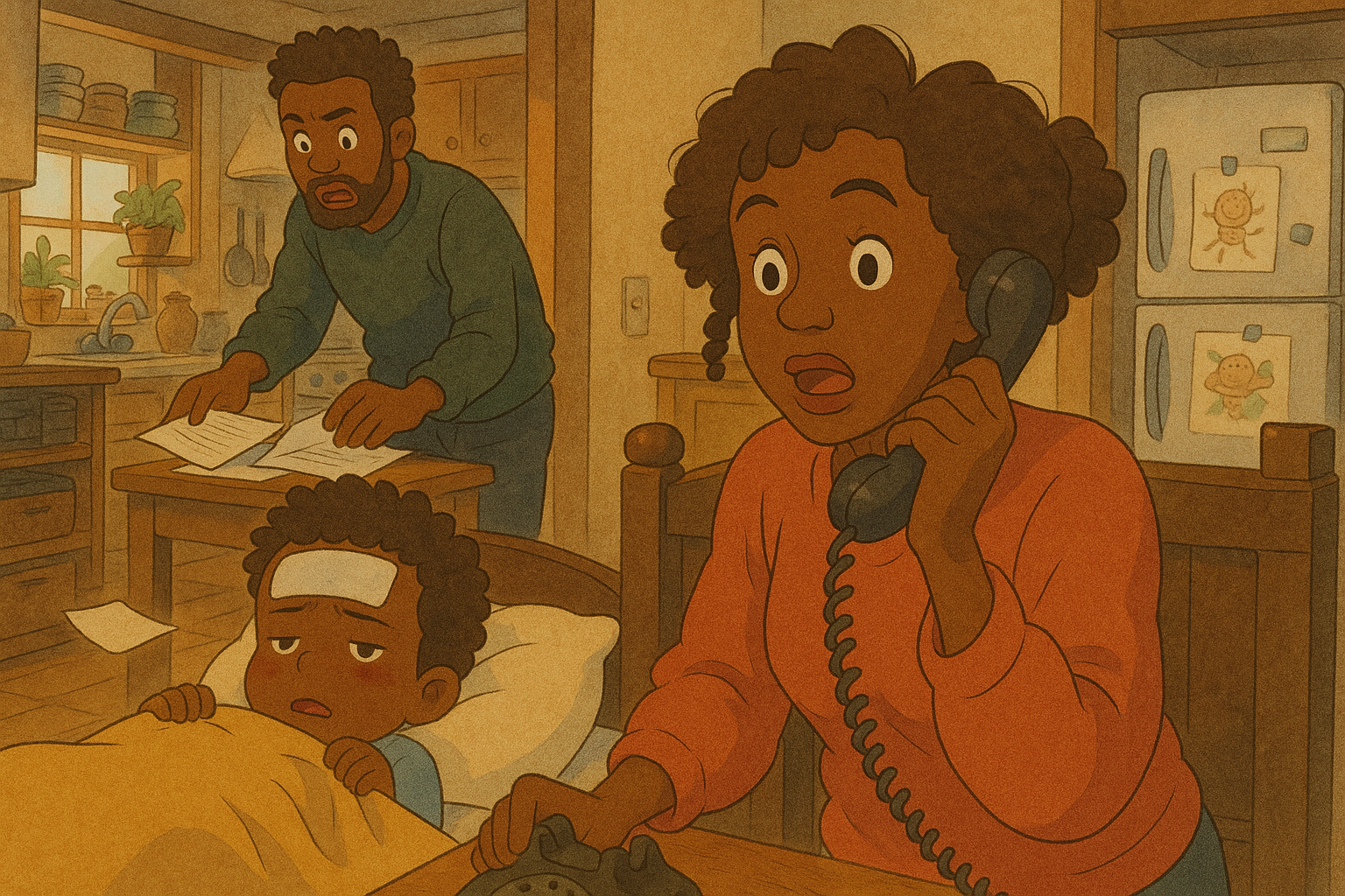 Animated scene of a concerned mother on the phone while her sick child rests in bed, with a worried father looking over paperwork in a cozy kitchen setting.