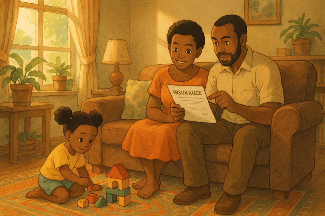 Family discussing insurance at home, while child plays with building blocks.