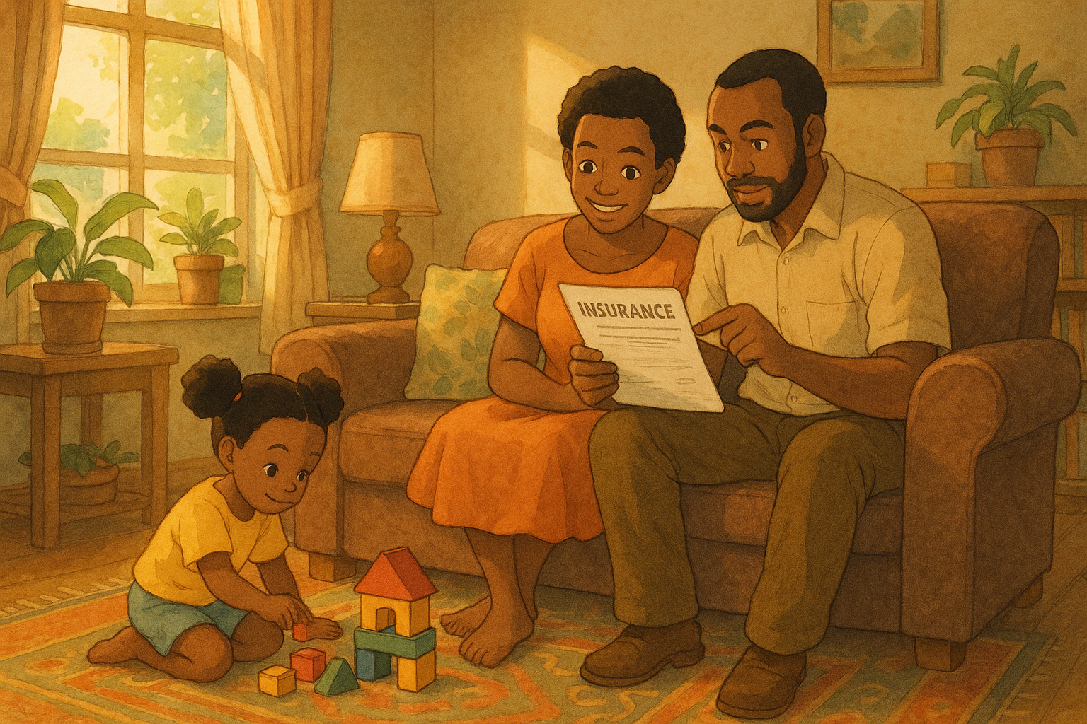 Family discussing insurance at home, while child plays with building blocks.