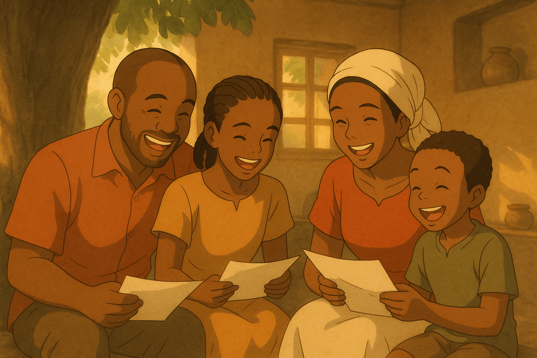 Happy family reading letters together in a cozy home setting, showcasing joy and connection.
