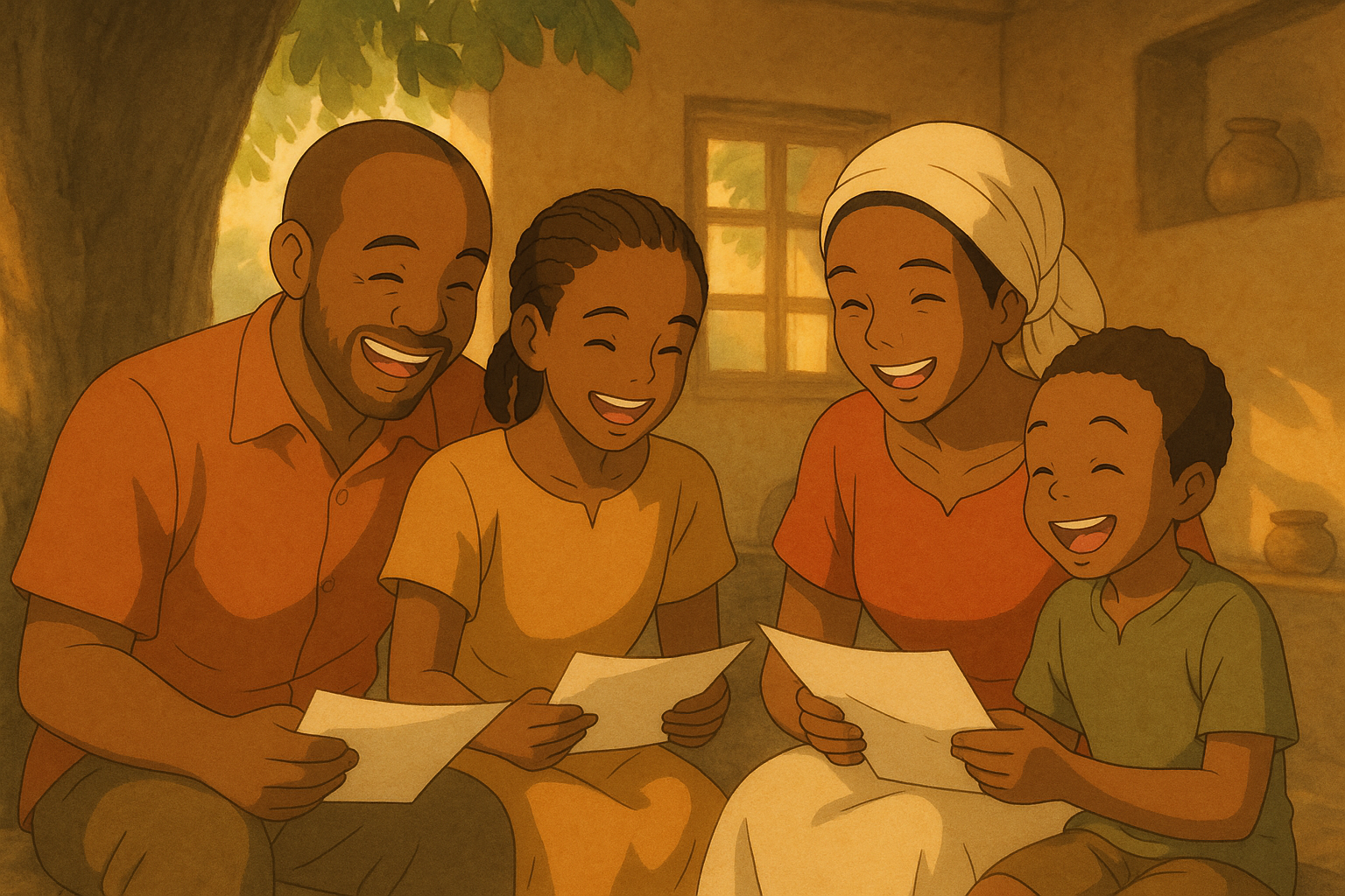 Happy family reading letters together in a cozy home setting, showcasing joy and connection.