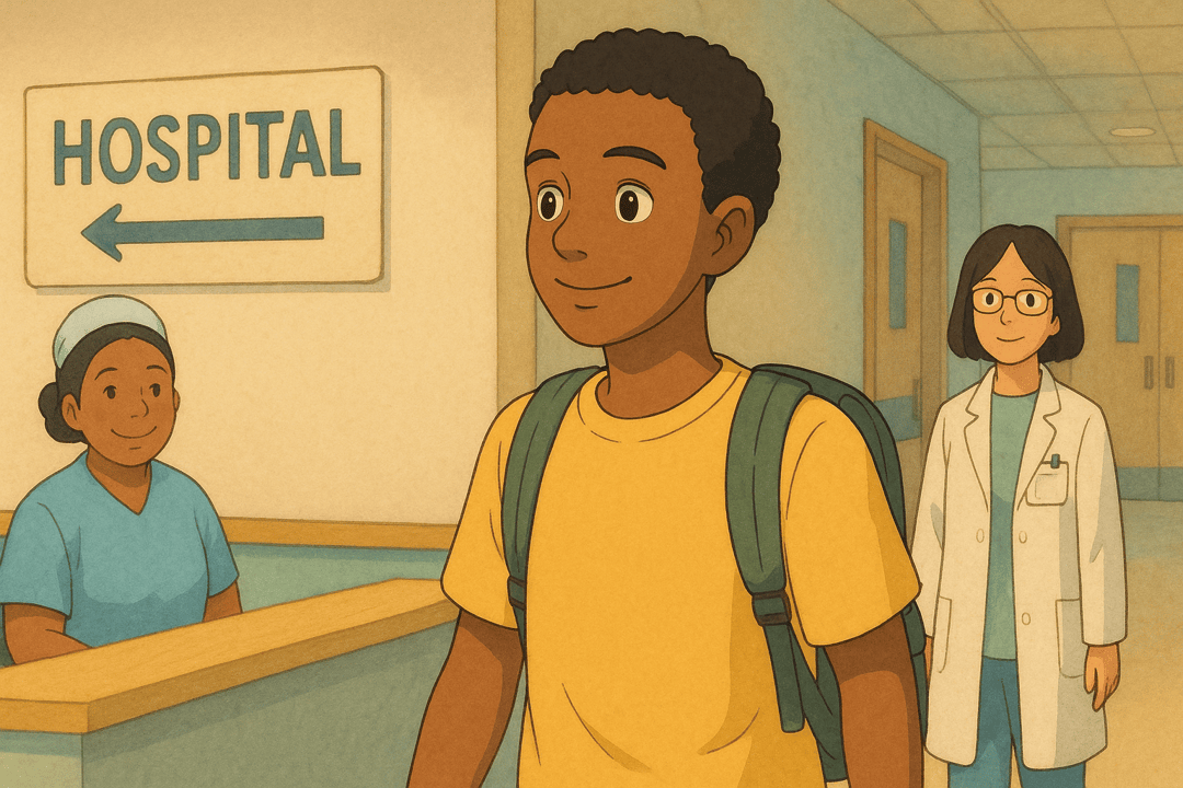 young boy entering hospital with smiling nurse and doctor in background