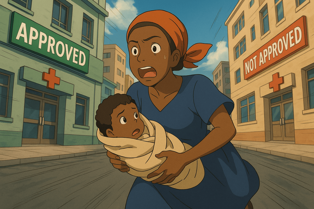 A woman in a blue dress, panicked and holding a wrapped baby, runs between two buildings marked "Approved" and "Not Approved," depicting a tense, urgent moment.
