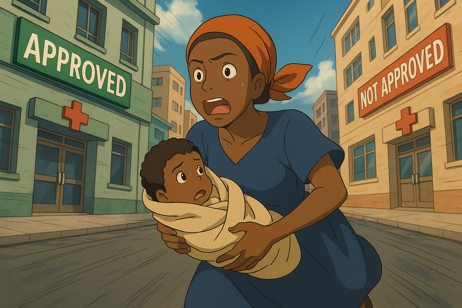 A woman in a blue dress, panicked and holding a wrapped baby, runs between two buildings marked "Approved" and "Not Approved," depicting a tense, urgent moment.