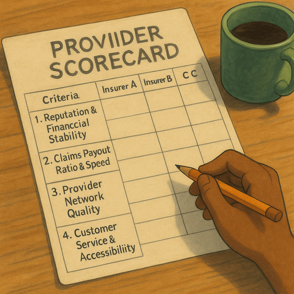 Provider scorecard with evaluation criteria for insurance companies, including reputation, claims payout, network quality, and customer service, accompanied by a hand holding a pencil and a cup of coffee.
