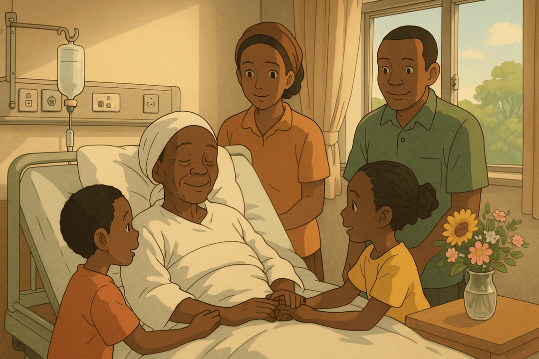 Family visiting an elderly woman in a hospital bed, sharing a moment of love and support in a warm, comforting atmosphere.