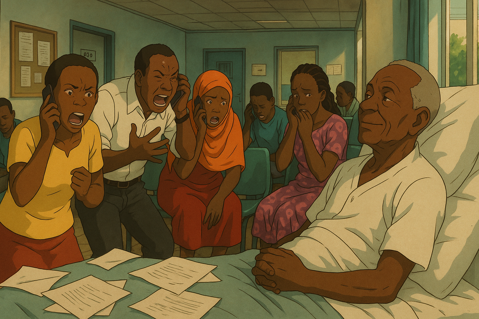 Emotionally charged scene in a hospital room with family members expressing concern as they communicate by phone, while an elderly man rests in bed, surrounded by documents.