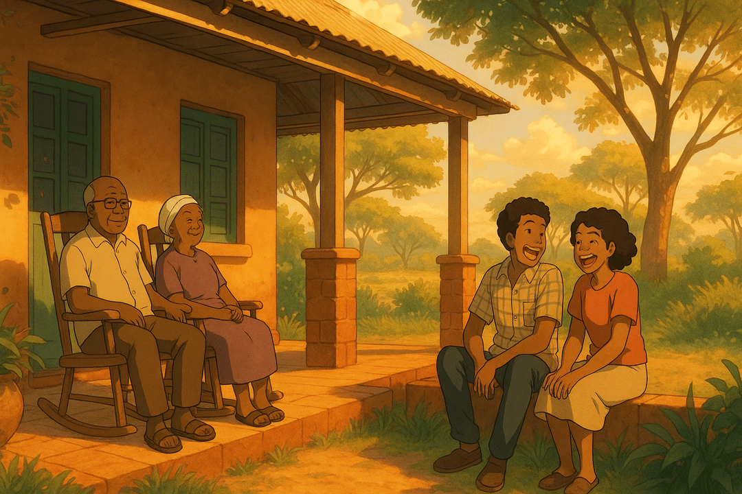 Animated scene of a joyful family gathering on a porch, featuring two elderly individuals sitting in rocking chairs and a young couple laughing together in a sunny outdoor setting.