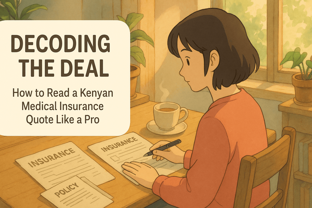 A person sitting at a wooden table, reviewing medical insurance documents with a cup of coffee and a plant nearby, accompanied by the text "Decoding the Deal: How to Read a Kenyan Medical Insurance Quote Like a Pro."