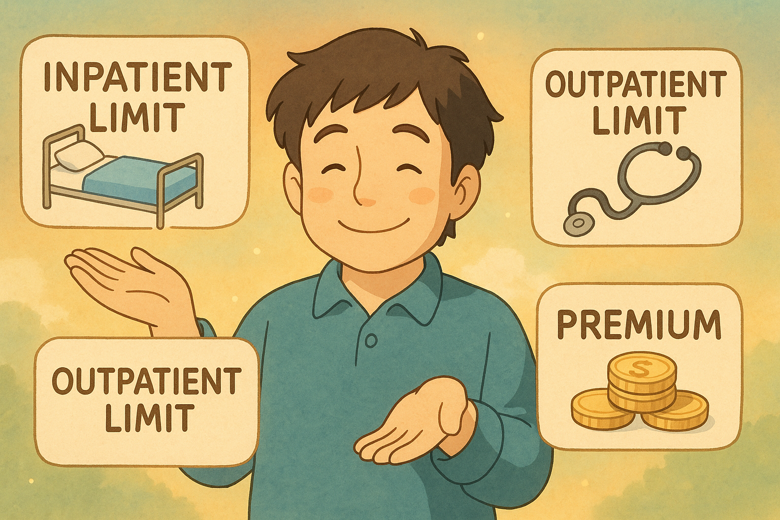Illustration of a smiling young man with labeled sections discussing healthcare terms: "Inpatient Limit," "Outpatient Limit," and "Premium," featuring symbols for a hospital bed, stethoscope, and coins.