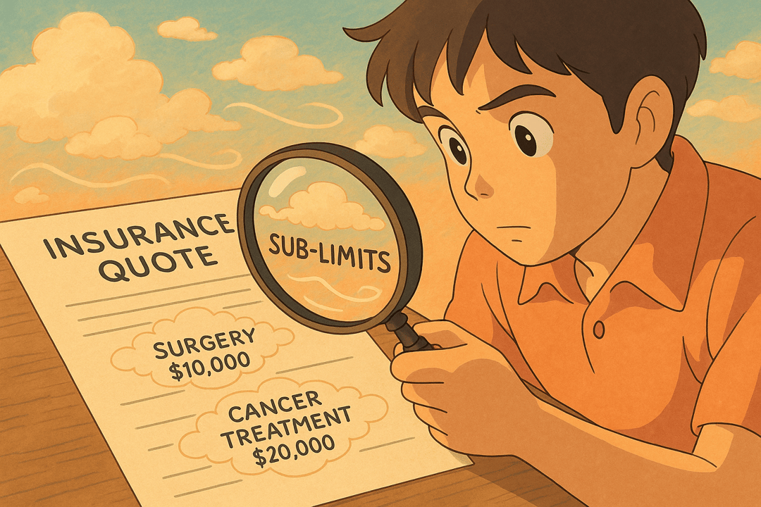 A young person closely examines an insurance quote document using a magnifying glass, highlighting the term "Sub-Limits" along with costs for surgery and cancer treatment.