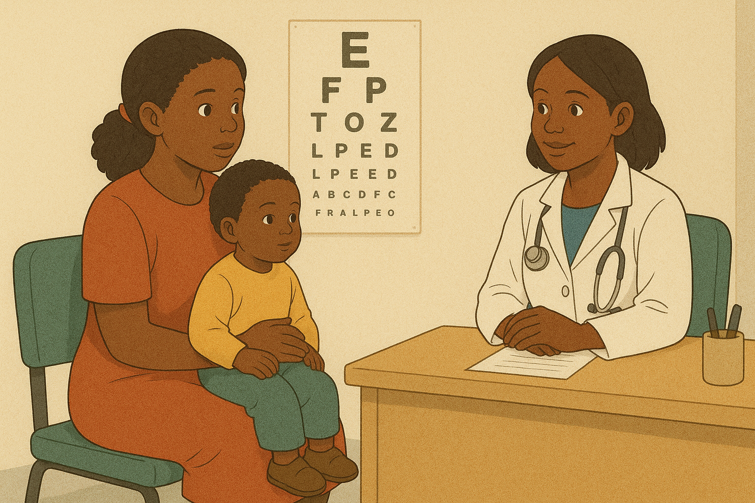Child and mother visiting a pediatrician for an eye exam, featuring an eye chart in the background.
