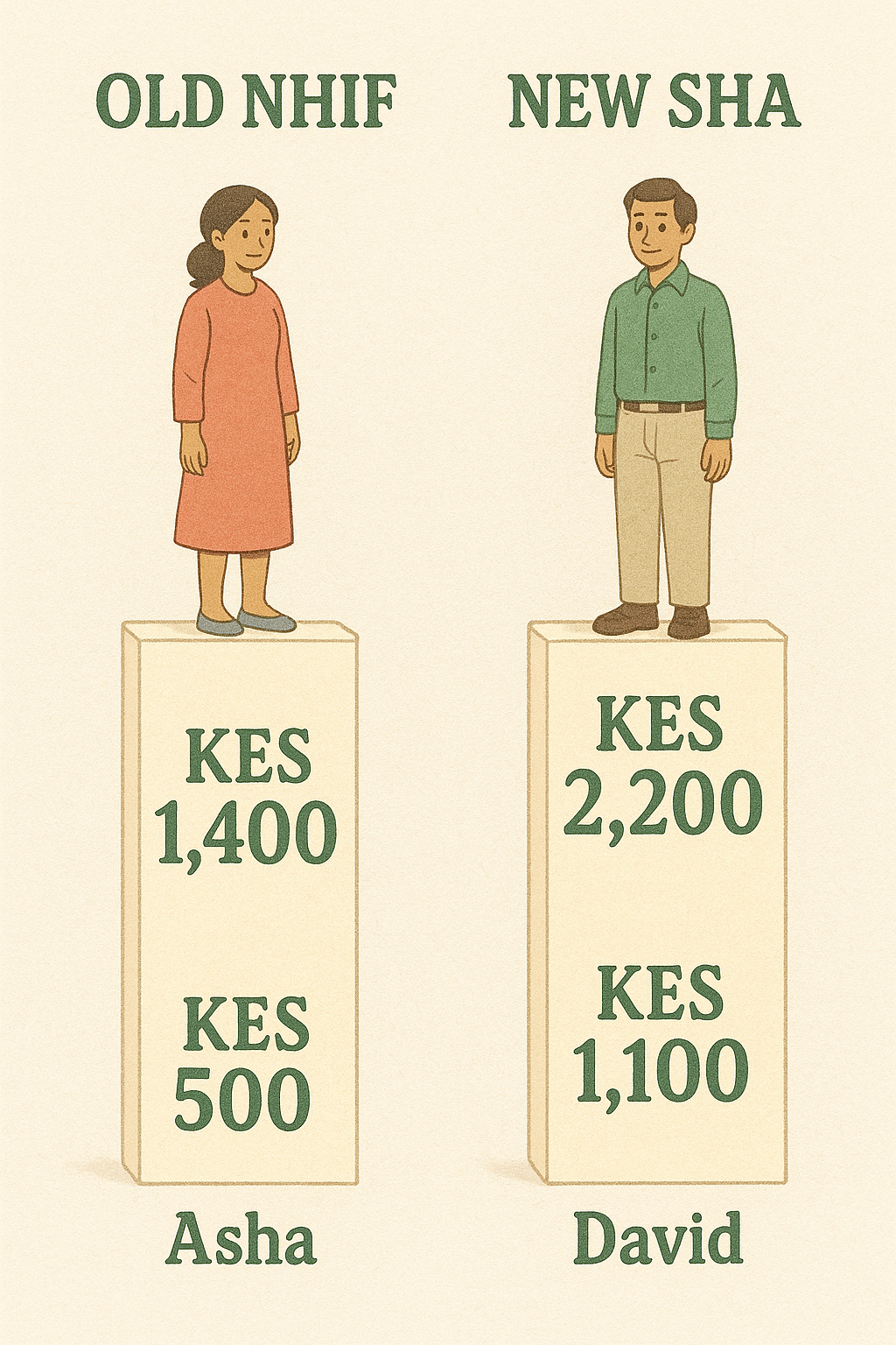 Comparison of healthcare costs under Old NHIF and New SHA, featuring Asha and David with their respective amounts.