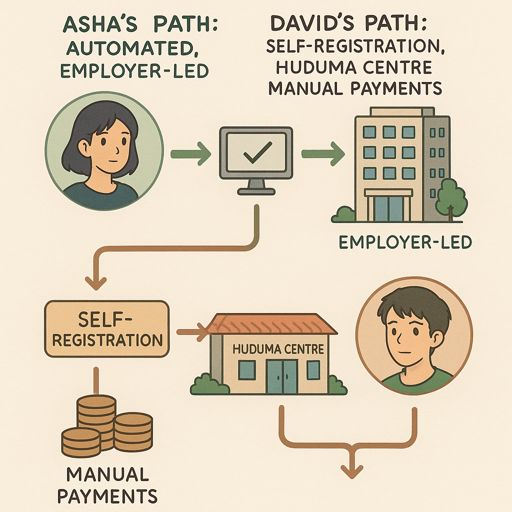 Infographic illustrating two paths for registration and payment: Asha's automated, employer-led process vs. David's self-registration at Huduma Centre with manual payments.
