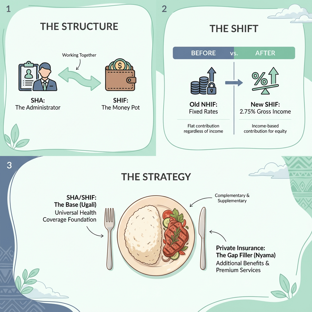 Infographic illustrating the structure, shift, and strategy of a health insurance or funding system comparison.