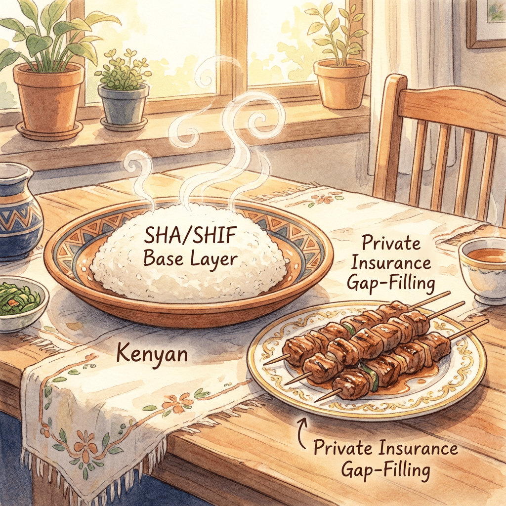 Illustration comparing SHA/SHIF Base Layer (Kenyan rice) with Private Insurance Gap-Filling (kebabs).