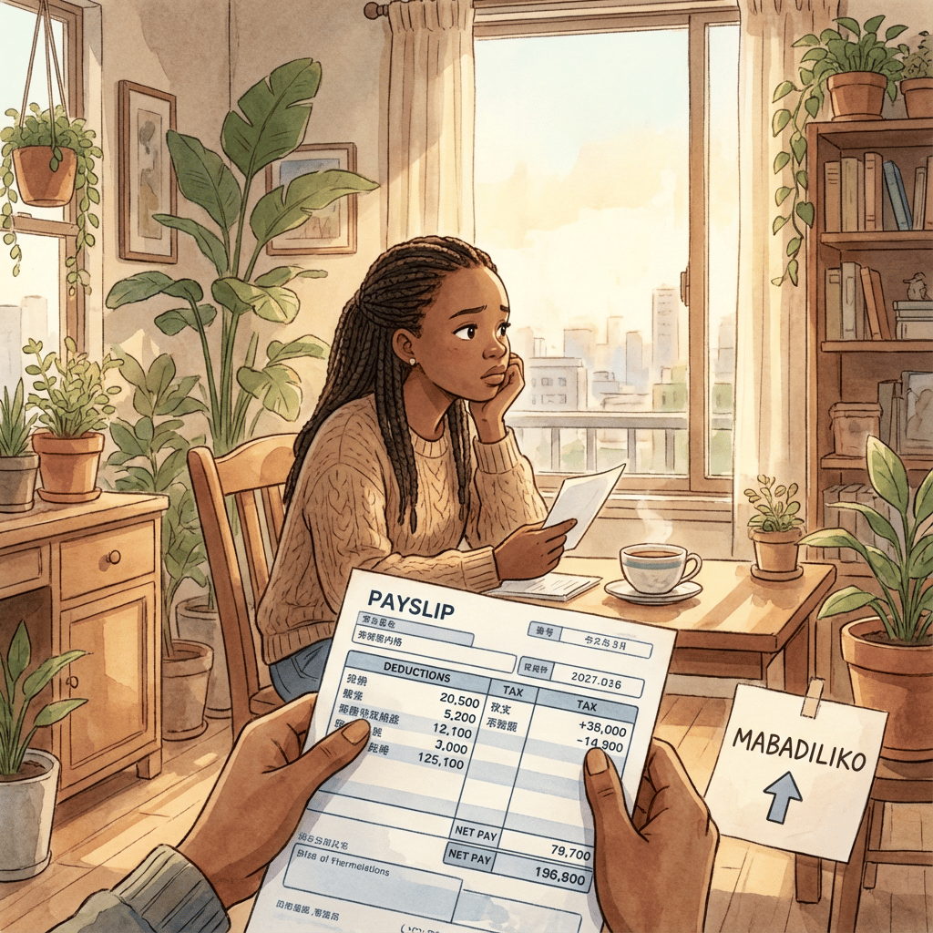 Woman looking stressed over a payslip with deductions, while reviewing finances near a sunny window with plants.