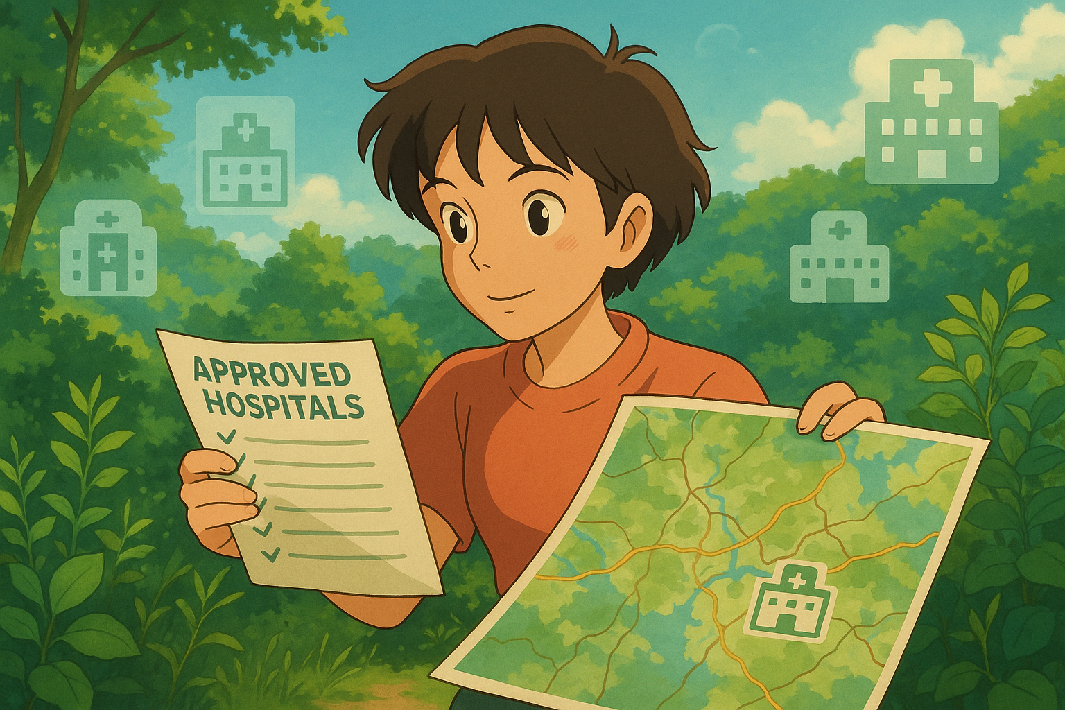 Young boy holding a list of approved hospitals and a map, surrounded by greenery and hospital symbols, illustrating a sense of adventure and preparedness in a natural setting.