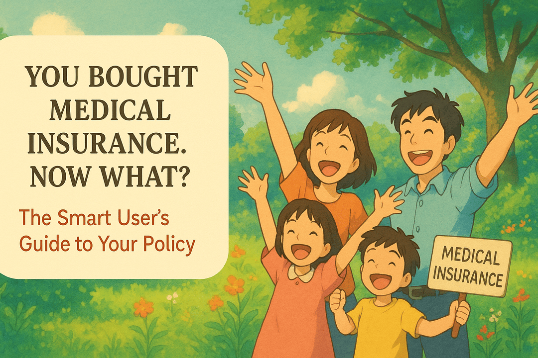 Family celebrating awareness of medical insurance, featuring a guide titled "You Bought Medical Insurance. Now What? The Smart User's Guide to Your Policy."