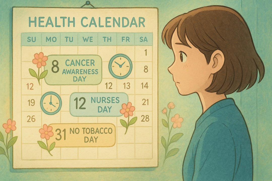 Illustration of a health calendar featuring important dates such as Cancer Awareness Day, Nurses Day, and No Tobacco Day, with a young person looking contemplatively at the calendar.