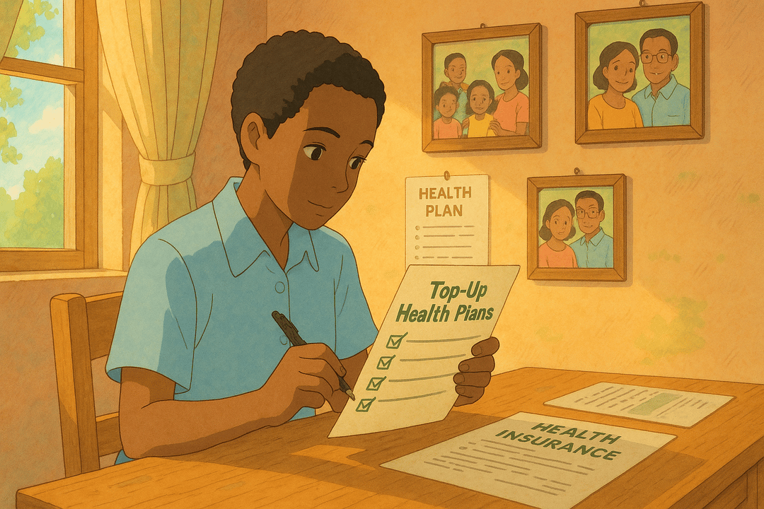A young boy sitting at a wooden table reviews health insurance documents, including a checklist for a top-up health plan, with family photos in the background.