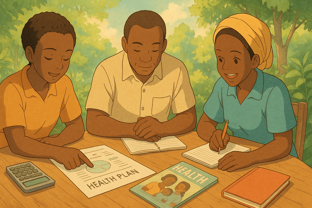 Three individuals reviewing a health plan at a table surrounded by greenery, with notebooks and a calculator in front of them.