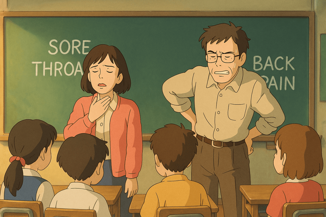 A concerned teacher speaks to a classroom of children while a female student holds her throat, indicating discomfort, with a chalkboard in the background displaying "SORE THROAT" and "BACK PAIN."