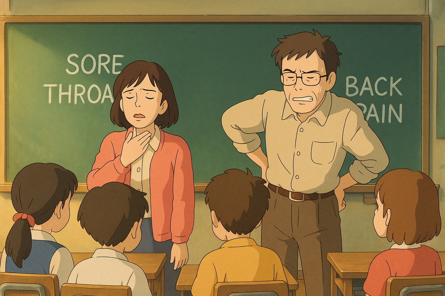 A concerned teacher speaks to a classroom of children while a female student holds her throat, indicating discomfort, with a chalkboard in the background displaying "SORE THROAT" and "BACK PAIN."