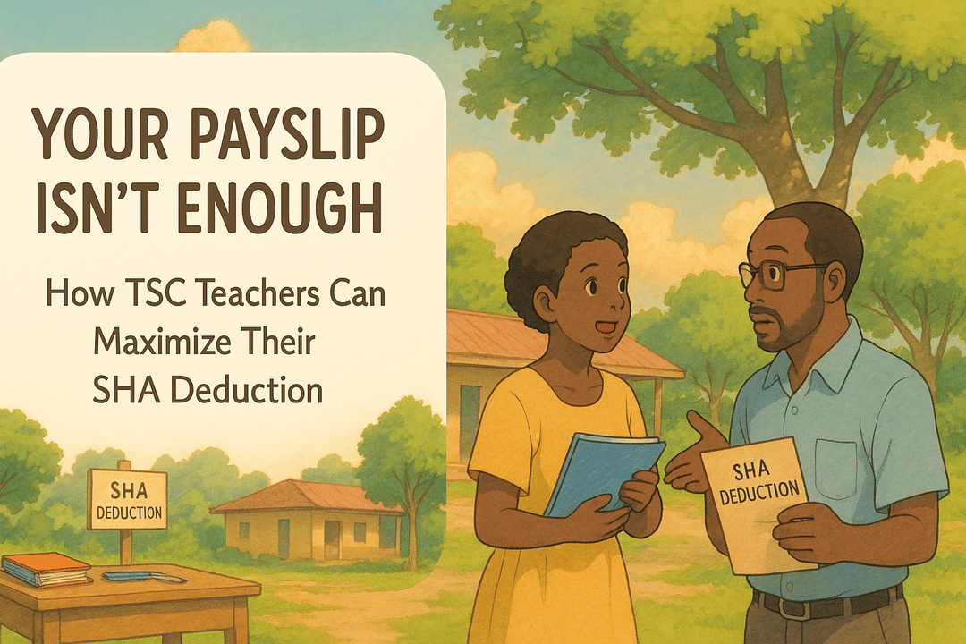 Illustration of two teachers discussing how to maximize SHA deductions, featuring one teacher holding a book and the other holding a sign that reads "SHA DEDUCTION." Background includes a school setting with trees and a building.