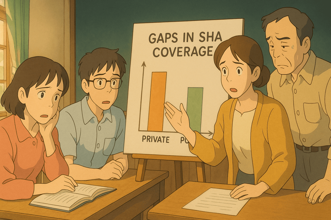 An animated scene depicting a woman explaining "Gaps in SHA Coverage" while three individuals, including a worried man and two concerned listeners, observe in a classroom setting with a chart displaying private and public data.