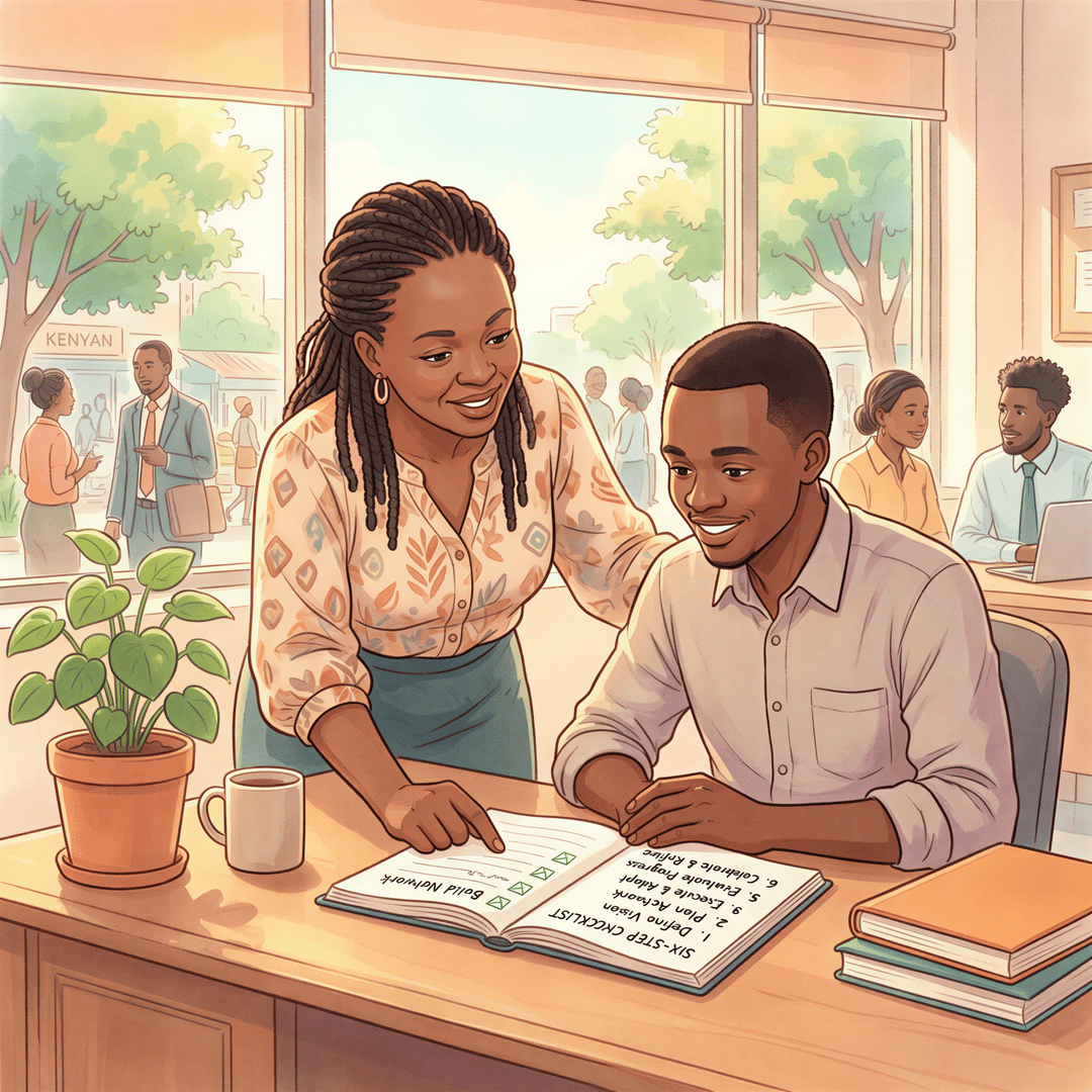 Step by step plan checklist for getting started with group insurance in a warm Studio Ghibli style