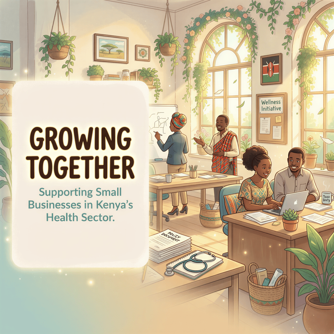 Studio Ghibli-inspired banner for Group Medical Insurance guide in Kenya with warm pastel tones