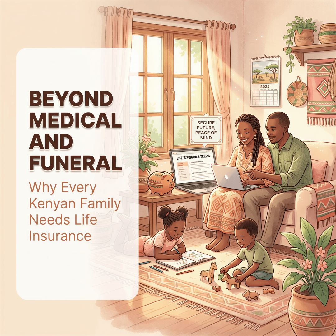 Banner image: Kenyan family planning life insurance in a warm Studio Ghibli-inspired setting