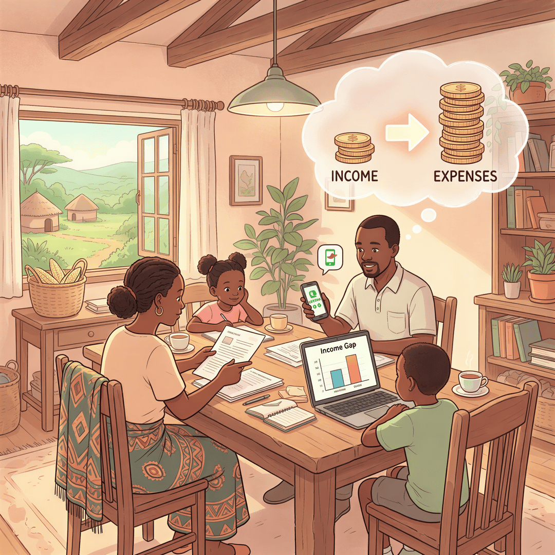 Kenyan family discusses insurance gaps beyond medical and funeral in a cozy home