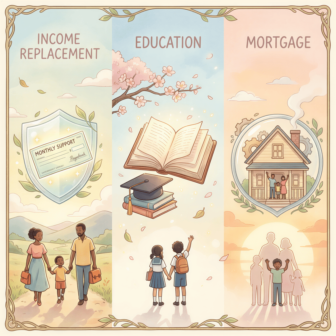 Three life insurance protections—income, education, mortgage—illustrated with icons in a warm, dreamy scene